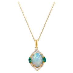 Oval Cab Ethiopian Opal, Emerald with Diamond Accents 14K Yellow Gold Pendant