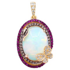 Oval Cab Ethiopian Opal, Ruby with Diamond Accents 10K Yellow Gold Pendant