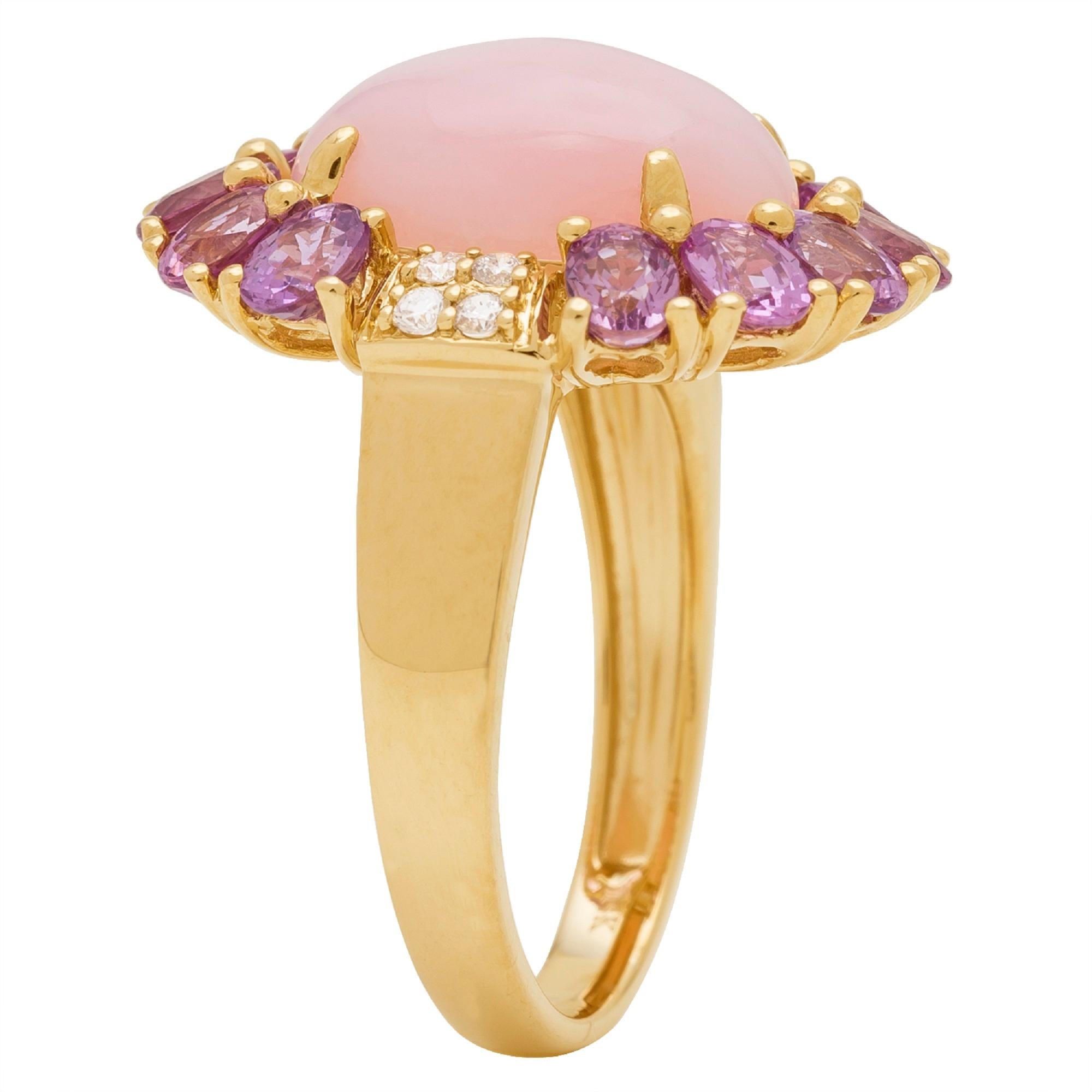 Decorate yourself in elegance with this Ring is crafted from 14-karat Yellow Gold by Gin & Grace. This Ring is made up of 10x14 mm Oval-Cab (1 pcs) 5.41 carat Pink Opal, 3x4 Oval-cut (13 pcs) 3.13 carat Pink Sapphire and Round-cut White Diamond (8