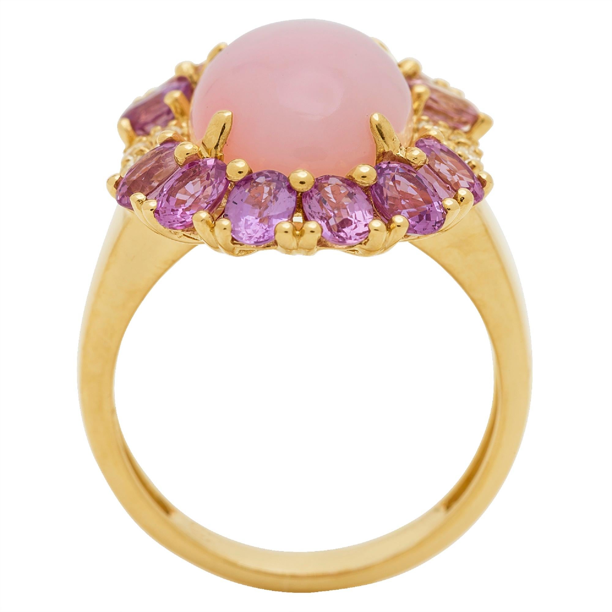 Art Deco Oval Cab Pink Opal, Oval-Cut Pink Sapphire Diamond Accents 14K Yellow Gold Ring