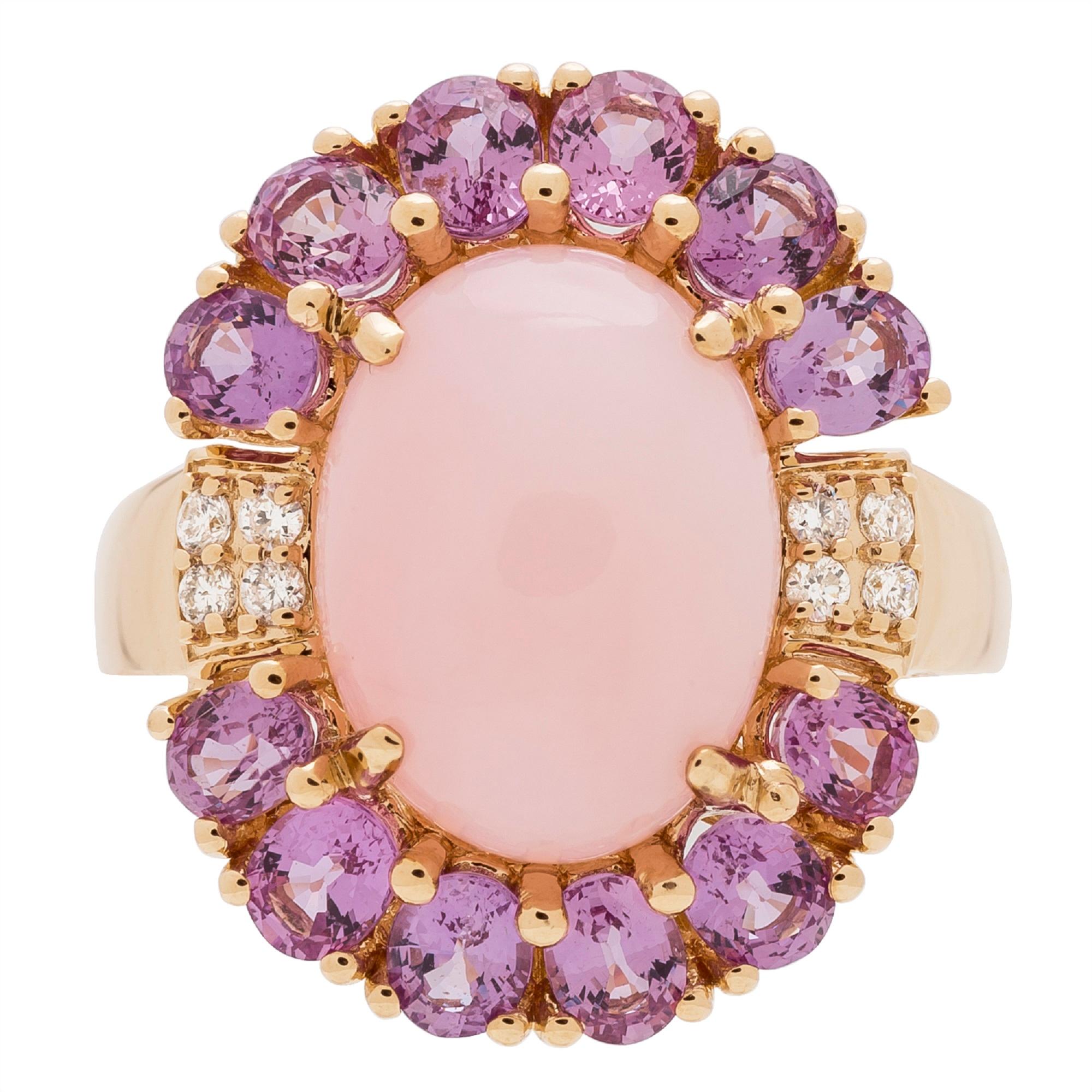Oval Cut Oval Cab Pink Opal, Oval-Cut Pink Sapphire Diamond Accents 14K Yellow Gold Ring For Sale