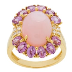 Bague en or jaune 14 carats avec opale rose taille ovale, saphir rose taille ovale et diamants