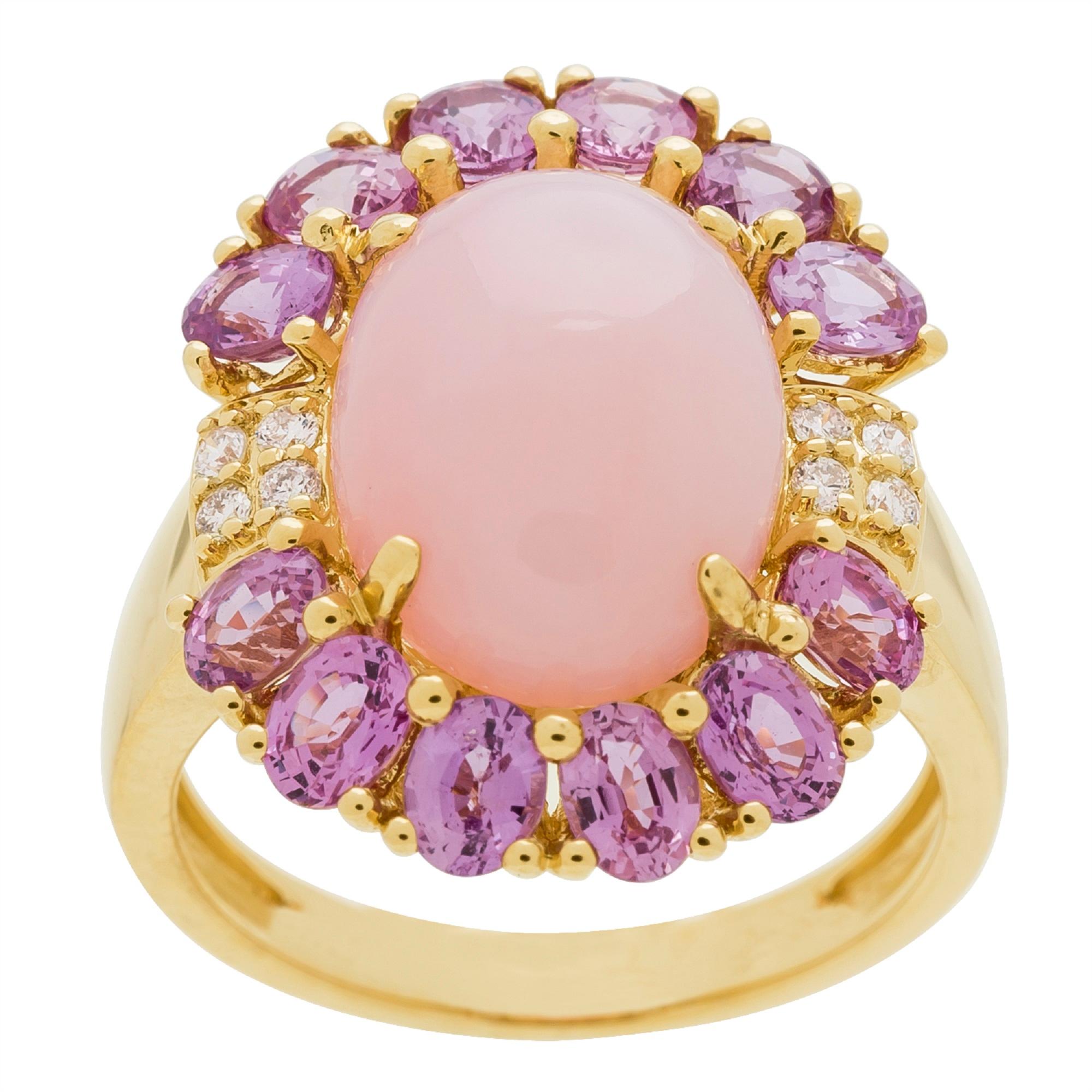 Oval Cab Pink Opal, Oval-Cut Pink Sapphire Diamond Accents 14K Yellow Gold Ring For Sale