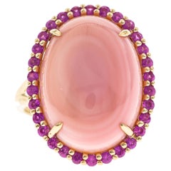 Vintage Oval-Cab Pink Opal, Round-Cut Pink Sapphire Accents 925 Sterling Silver Ring