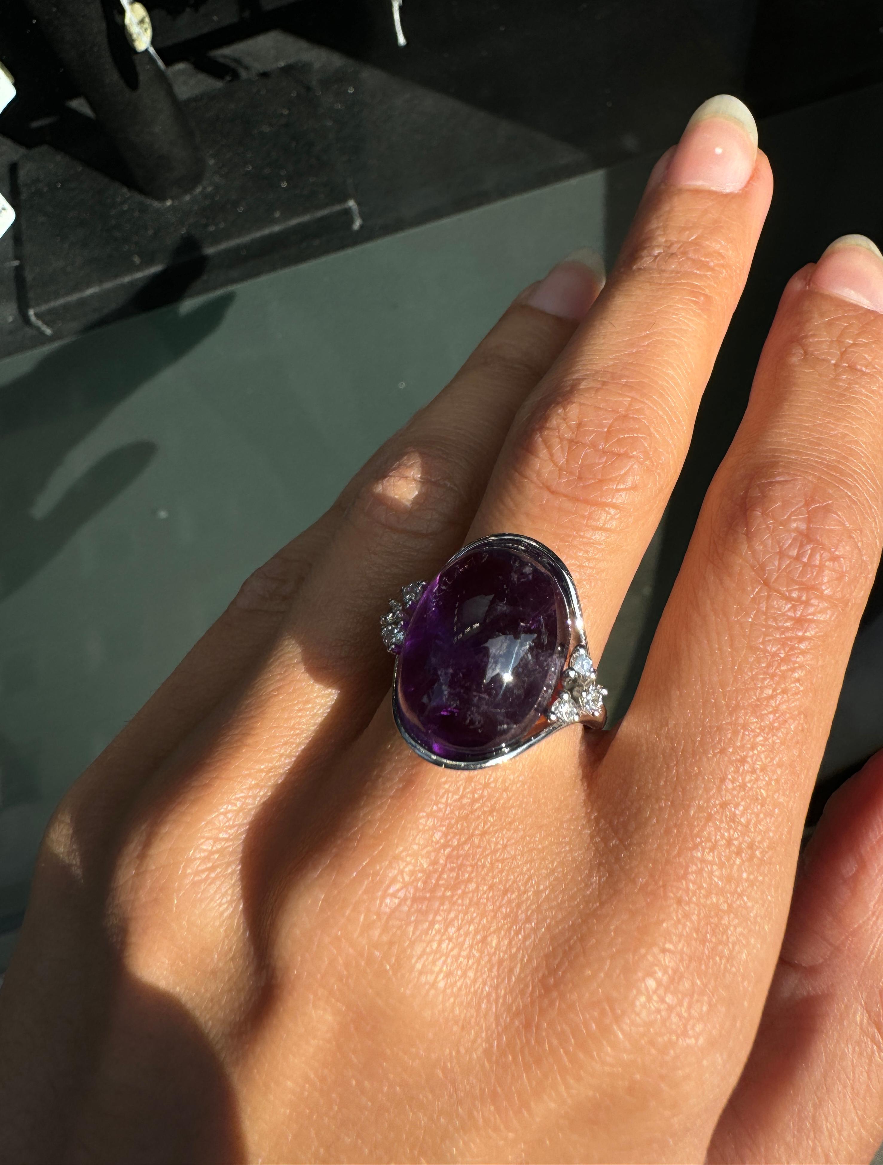 Oval Cabochon Amethyst and Diamond 18 Carat White Gold Dress Ring For Sale 1