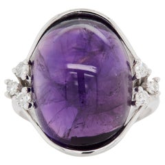 Oval Cabochon Amethyst and Diamond 18 Carat White Gold Dress Ring