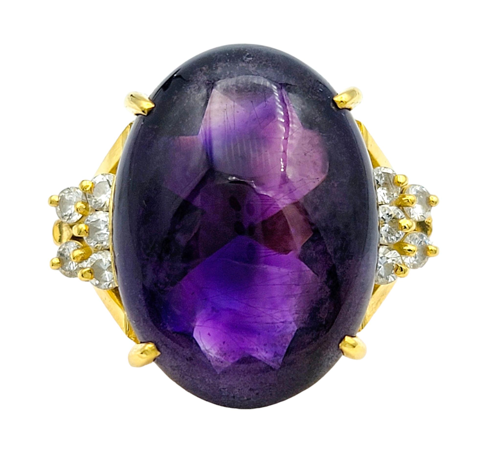 Contemporary Oval Cabochon Amethyst and Diamond Cocktail Ring Set in 18 Karat Yellow Gold For Sale