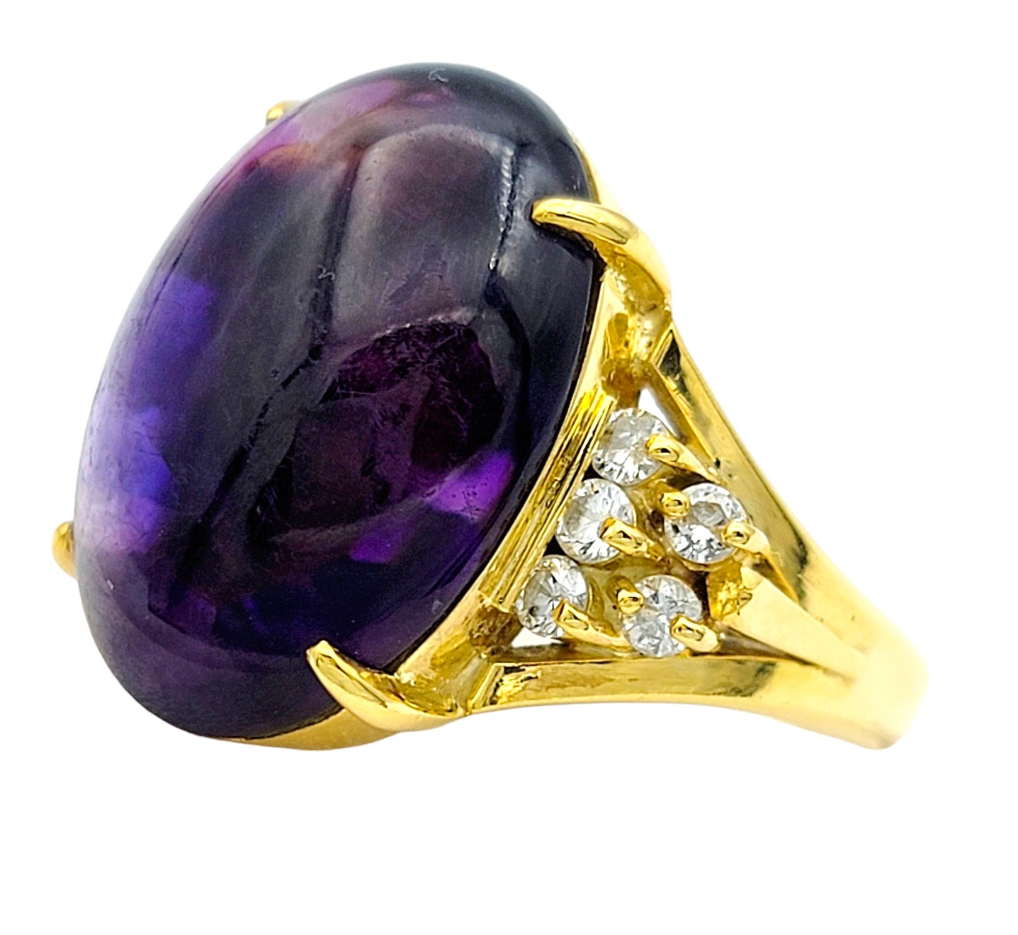 Oval Cabochon Amethyst and Diamond Cocktail Ring Set in 18 Karat Yellow Gold In Good Condition For Sale In Scottsdale, AZ