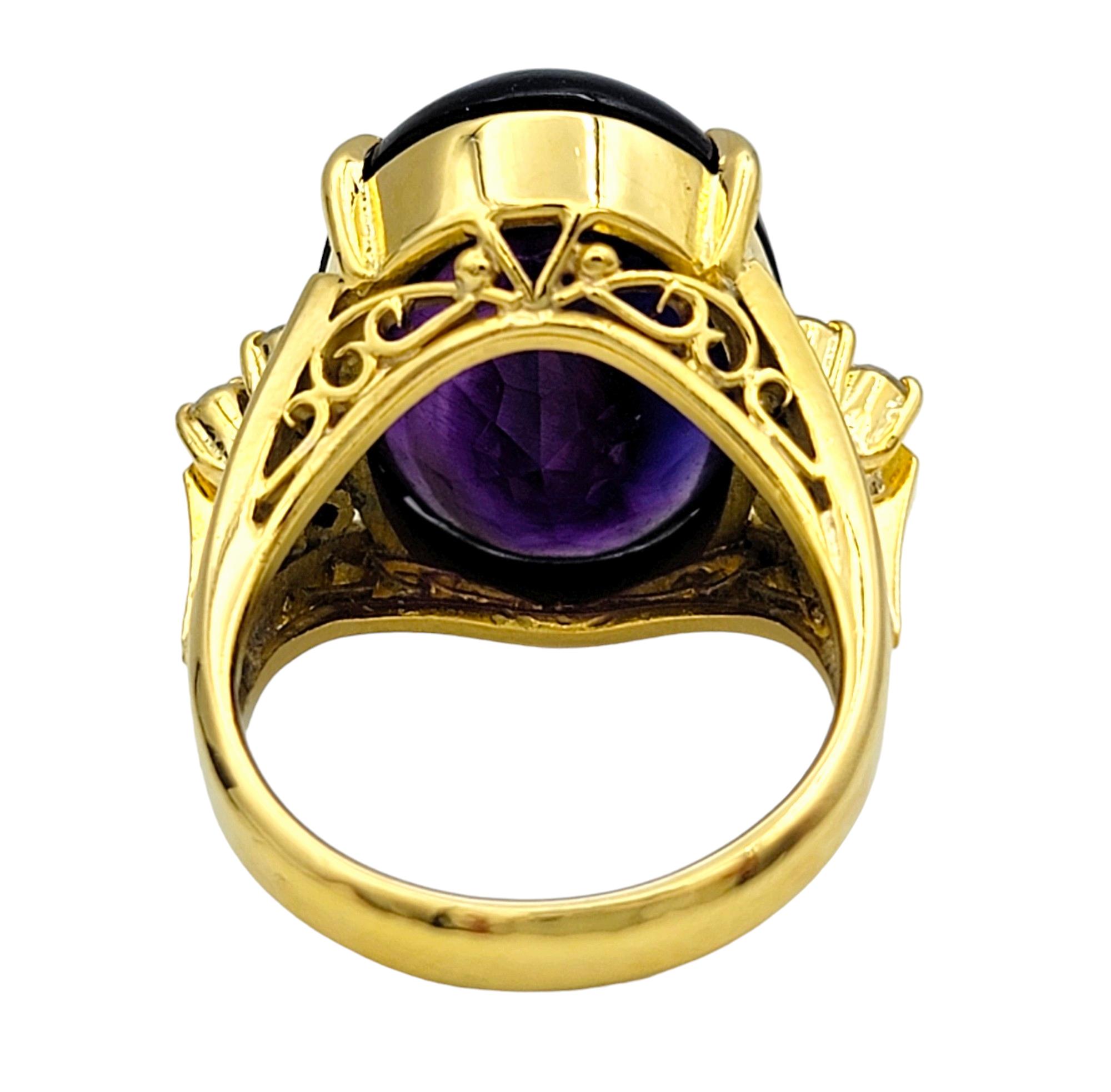 Women's Oval Cabochon Amethyst and Diamond Cocktail Ring Set in 18 Karat Yellow Gold For Sale