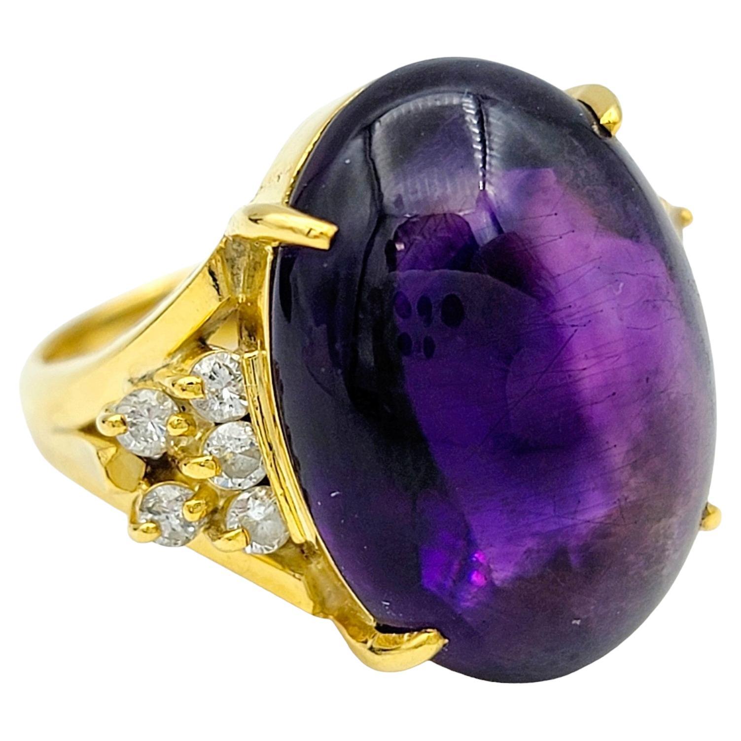 Oval Cabochon Amethyst and Diamond Cocktail Ring Set in 18 Karat Yellow Gold For Sale