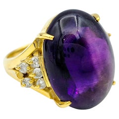 Oval Cabochon Amethyst and Diamond Cocktail Ring Set in 18 Karat Yellow Gold