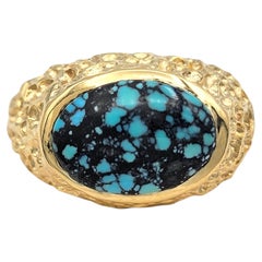 Oval Cabochon Spiderweb Turquoise Textured Cocktail Ring 14 Karat Yellow Gold