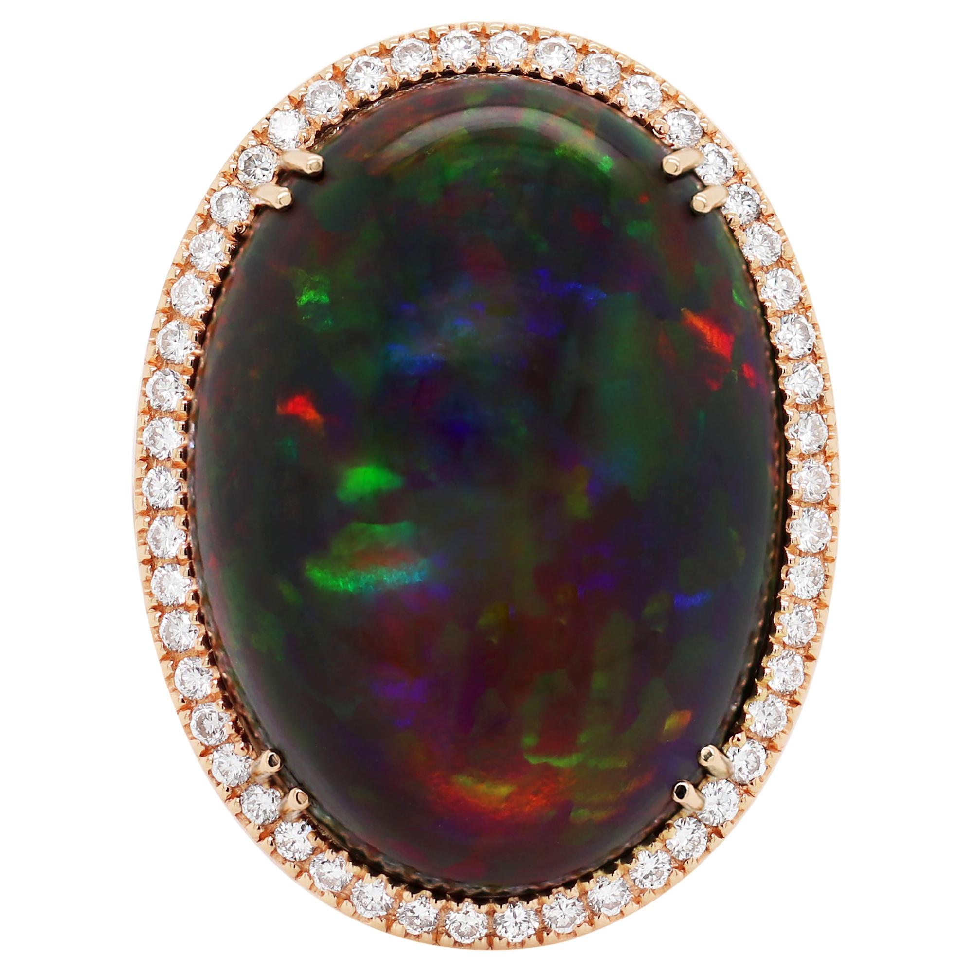 Oval Cabochon Black Opal and Diamond 18 Carat Rose Gold Ring