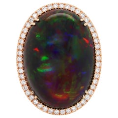 Oval Cabochon Black Opal and Diamond 18 Carat Rose Gold Ring