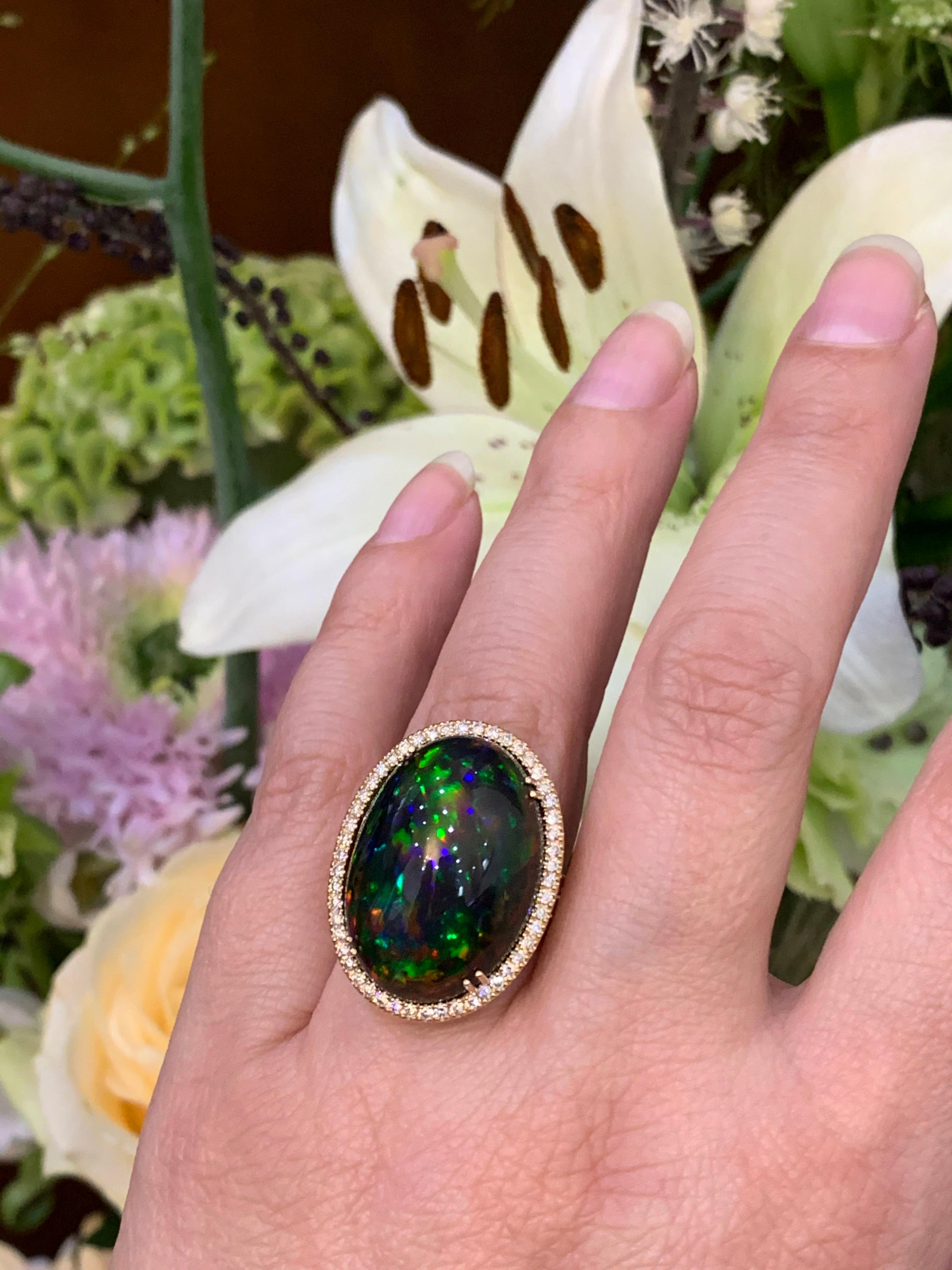 Oval Cabochon Black Opal and Diamond 18 Carat Rose Gold Ring In Excellent Condition In London, GB