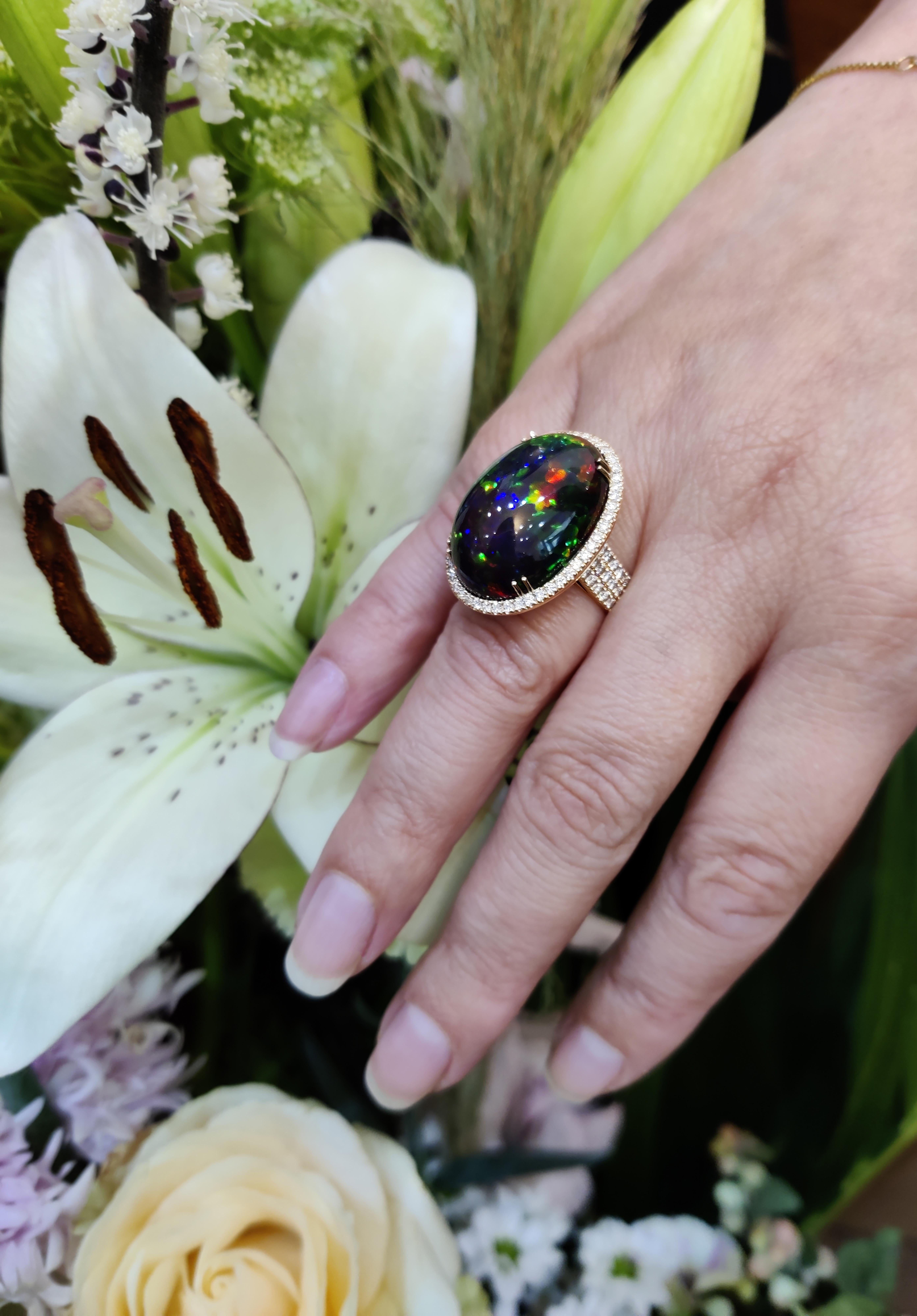 Women's Oval Cabochon Black Opal and Diamond 18 Carat Rose Gold Ring