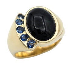 Oval Cabochon Black Opal and Round Blue Sapphire Asymmetrical Cocktail Ring 14K