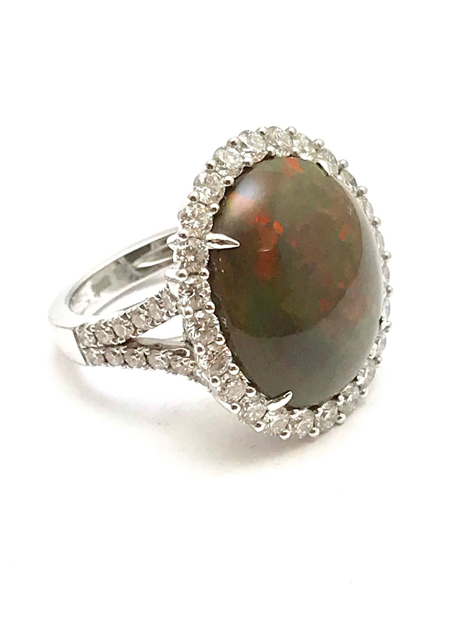 Modern Oval Cabochon Boulder Opal and Round Diamond White Gold Ring