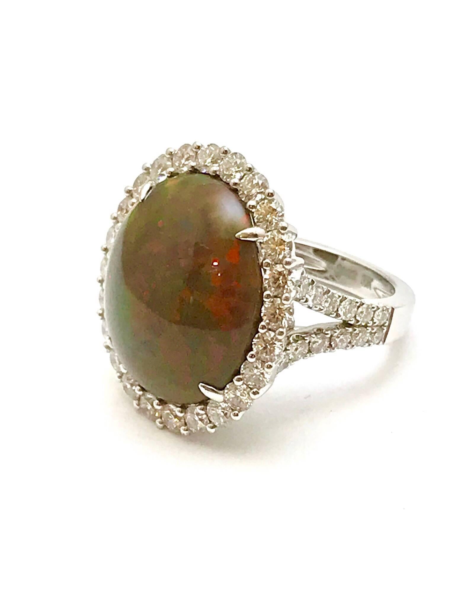 Oval Cut Oval Cabochon Boulder Opal and Round Diamond White Gold Ring