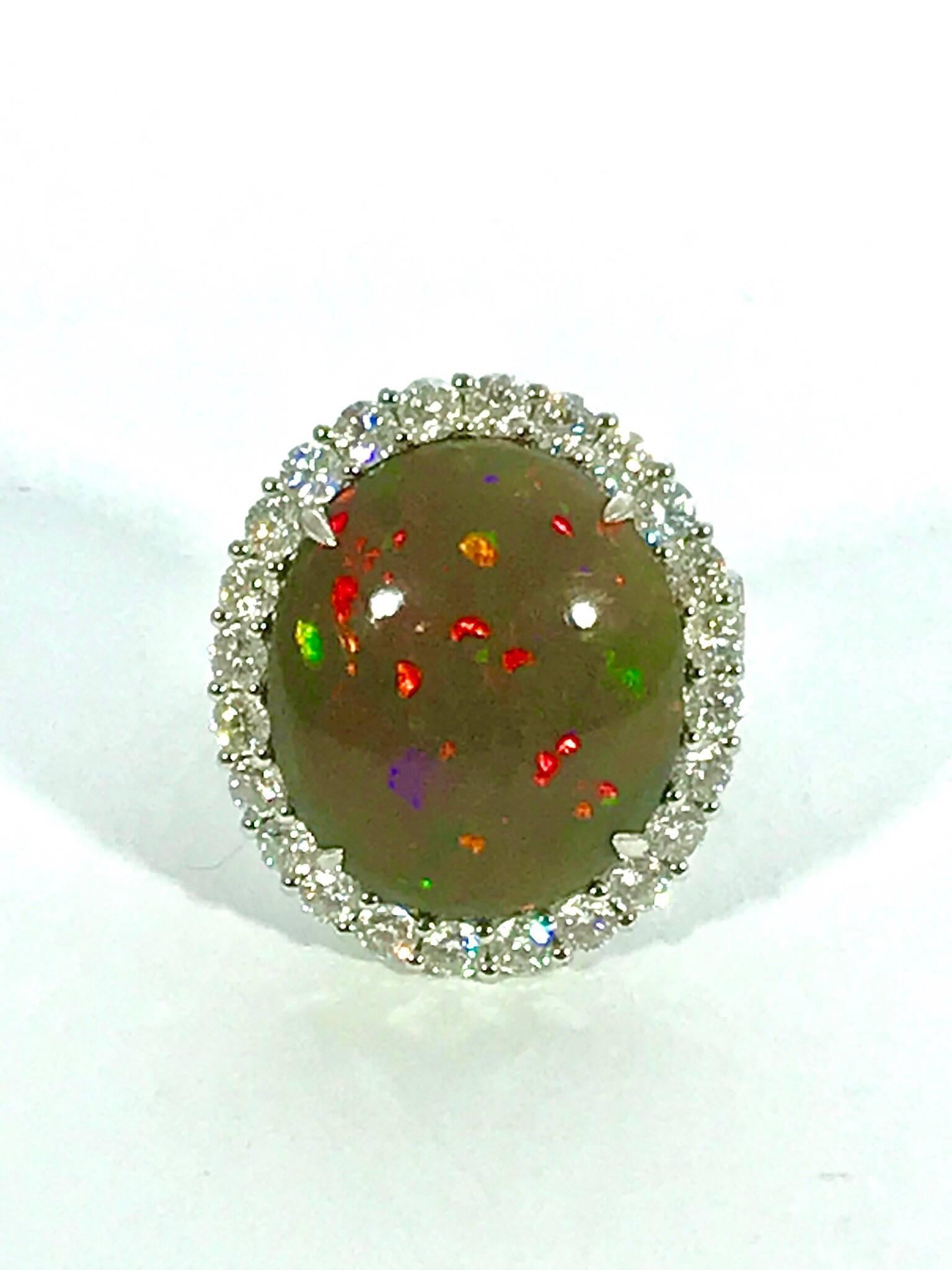Oval Cabochon Boulder Opal and Round Diamond White Gold Ring 2