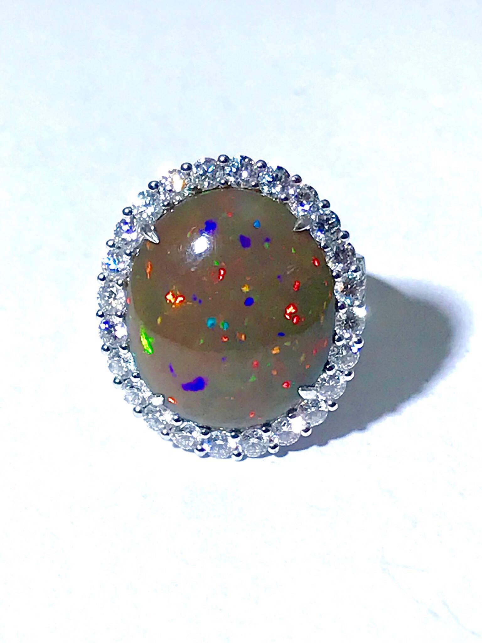 Oval Cabochon Boulder Opal and Round Diamond White Gold Ring 3
