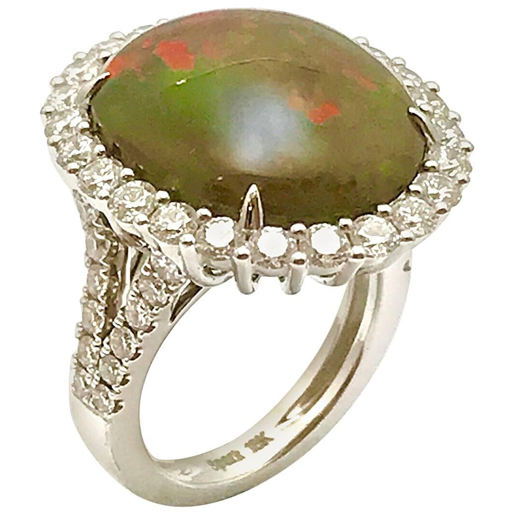 Oval Cabochon Boulder Opal and Round Diamond White Gold Ring