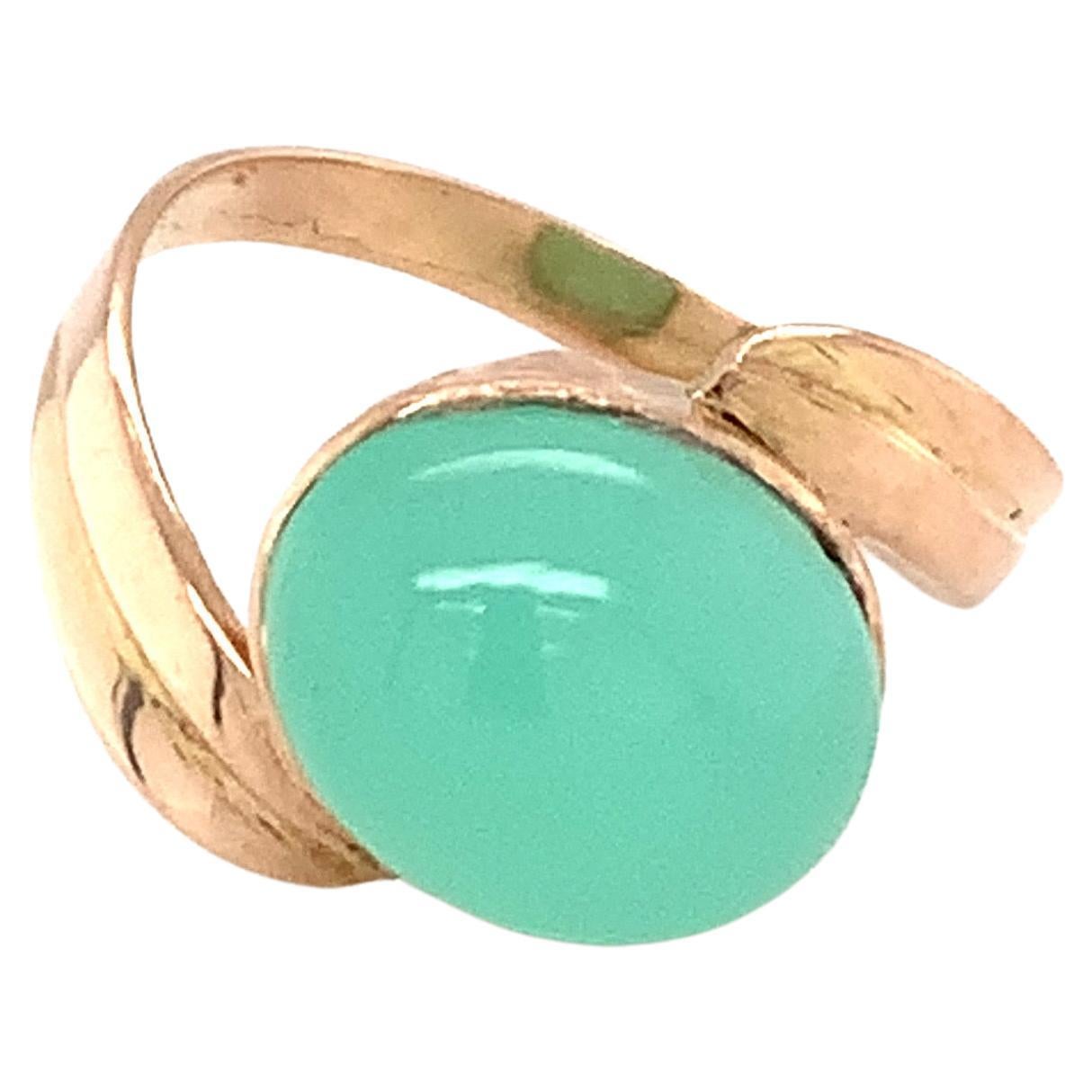 Bague en or jaune 14K avec calcédoine ovale cabochon