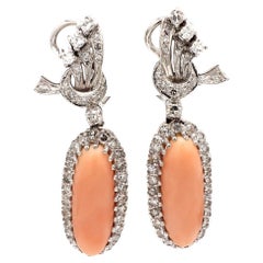 Oval Cabochon Coral and Diamond Earrings