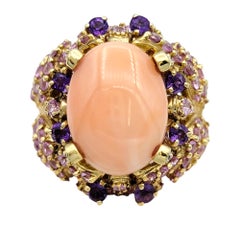 Oval Cabochon Coral, Pink and Purple Sapphire and Diamond Cocktail Ring 14K Gold