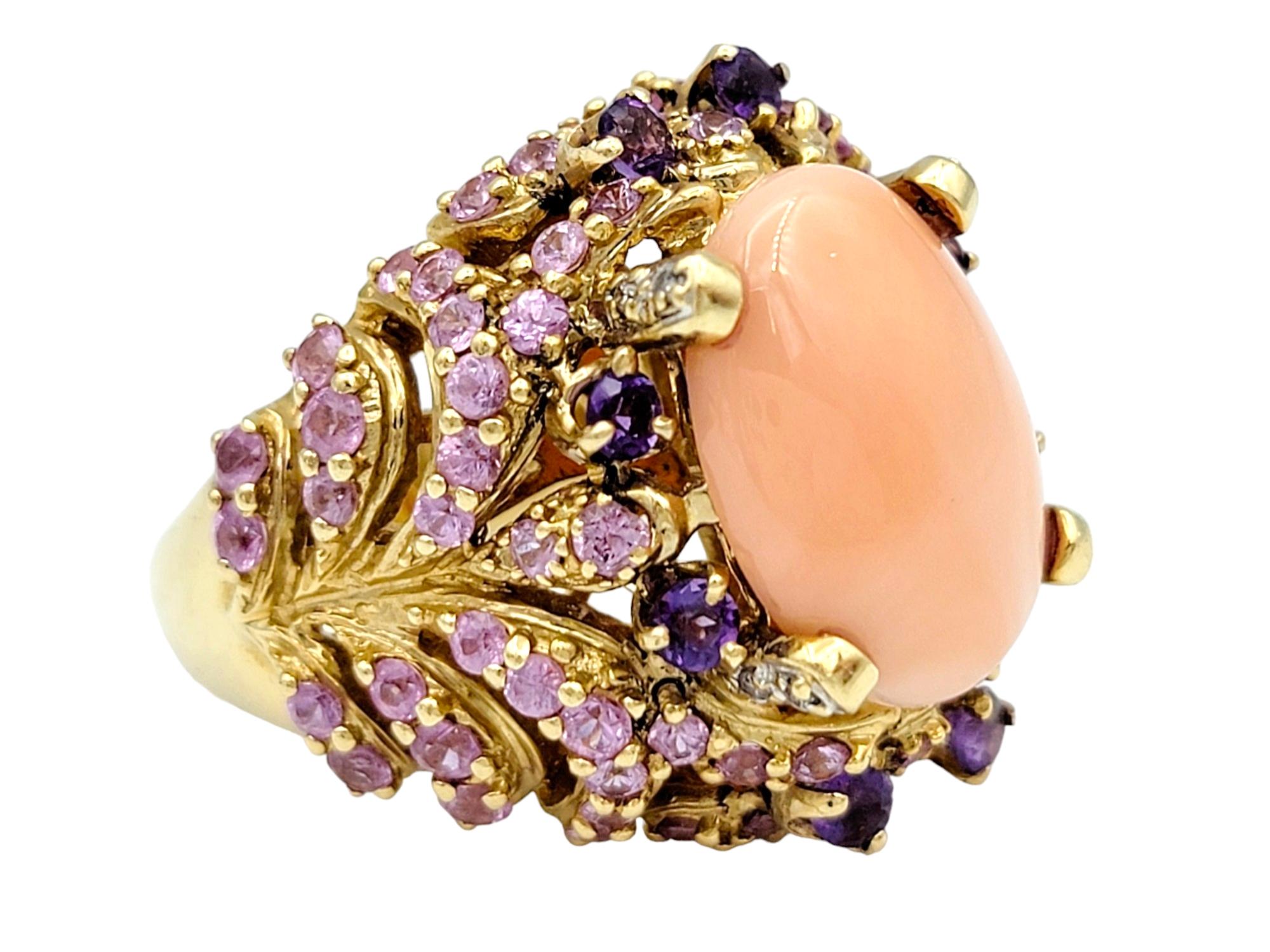 Contemporary Oval Cabochon Coral, Pink and Purple Sapphire and Diamond Cocktail Ring 14K Gold For Sale