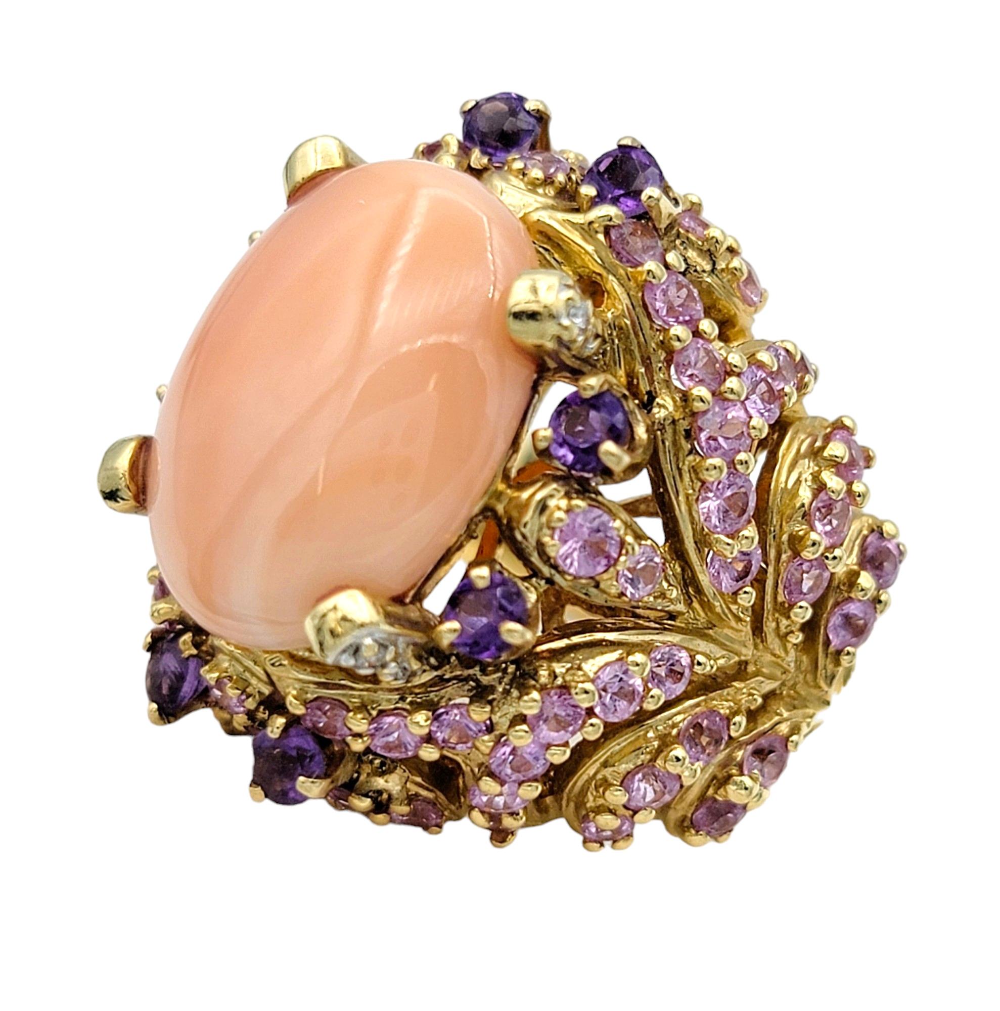 Oval Cabochon Coral, Pink and Purple Sapphire and Diamond Cocktail Ring 14K Gold In Good Condition For Sale In Scottsdale, AZ