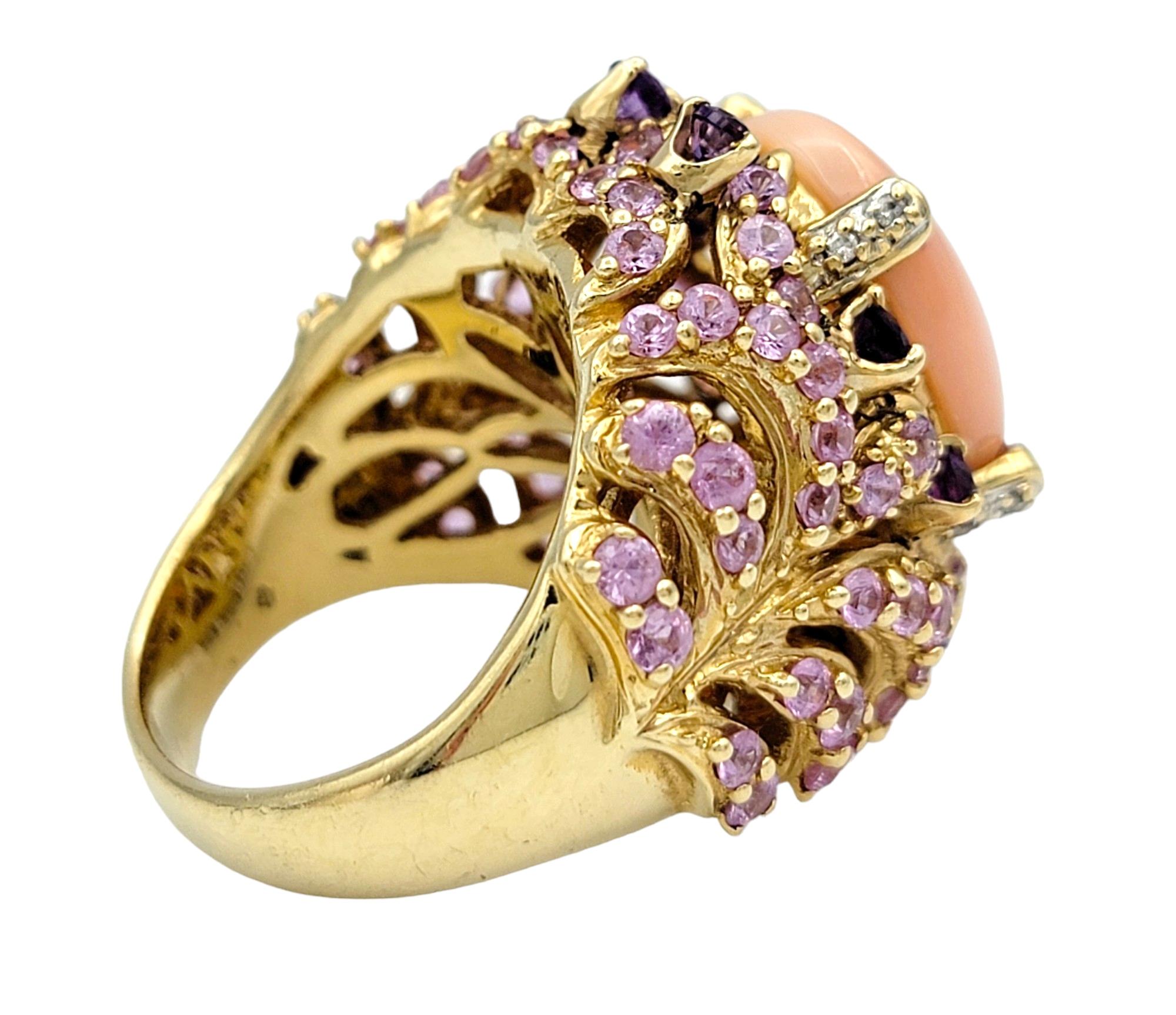 Women's Oval Cabochon Coral, Pink and Purple Sapphire and Diamond Cocktail Ring 14K Gold For Sale