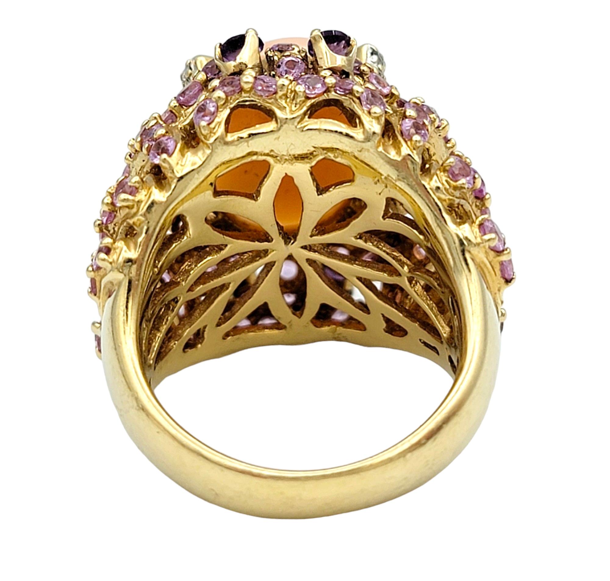 Oval Cabochon Coral, Pink and Purple Sapphire and Diamond Cocktail Ring 14K Gold For Sale 1