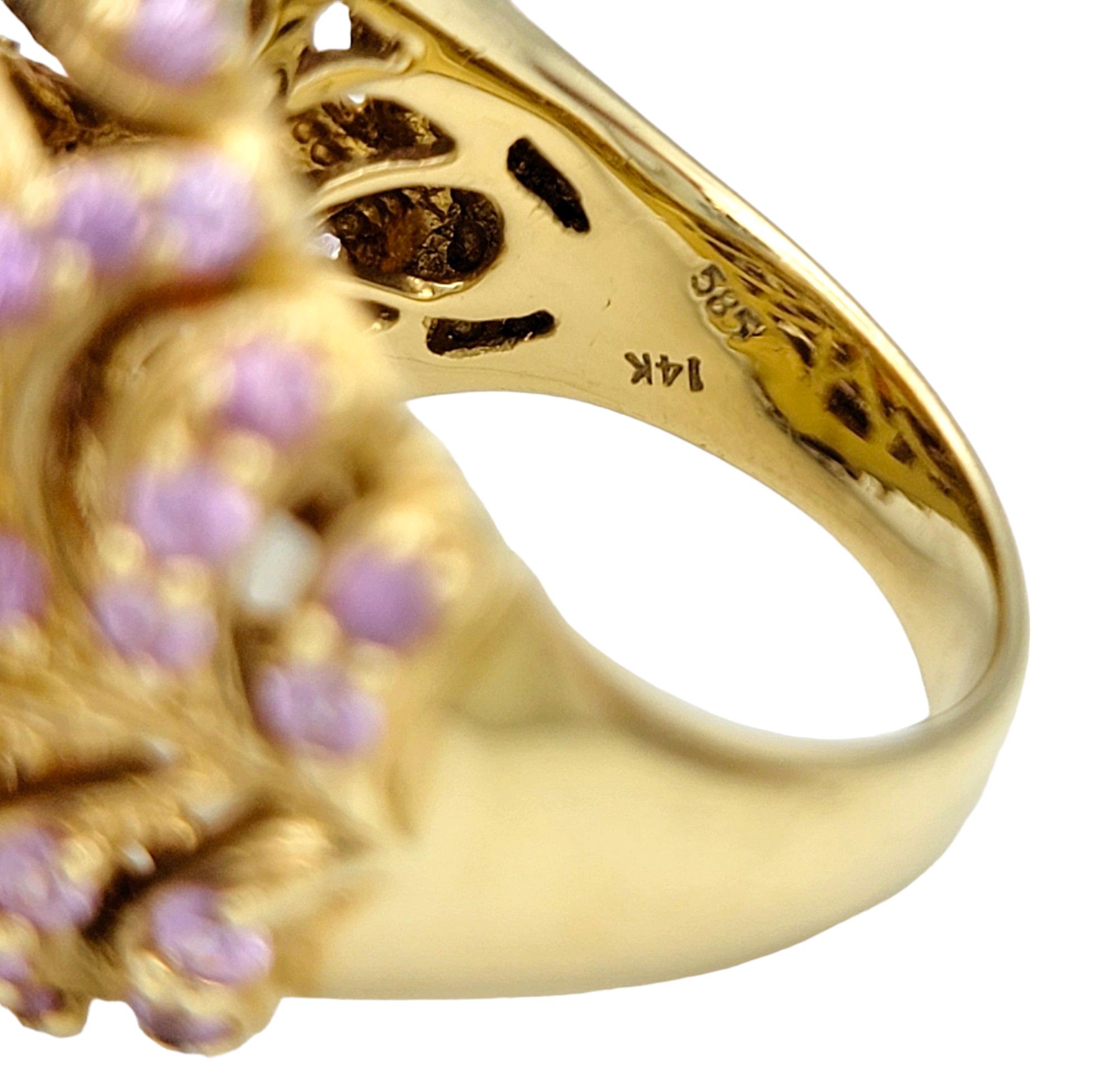 Oval Cabochon Coral, Pink and Purple Sapphire and Diamond Cocktail Ring 14K Gold For Sale 2