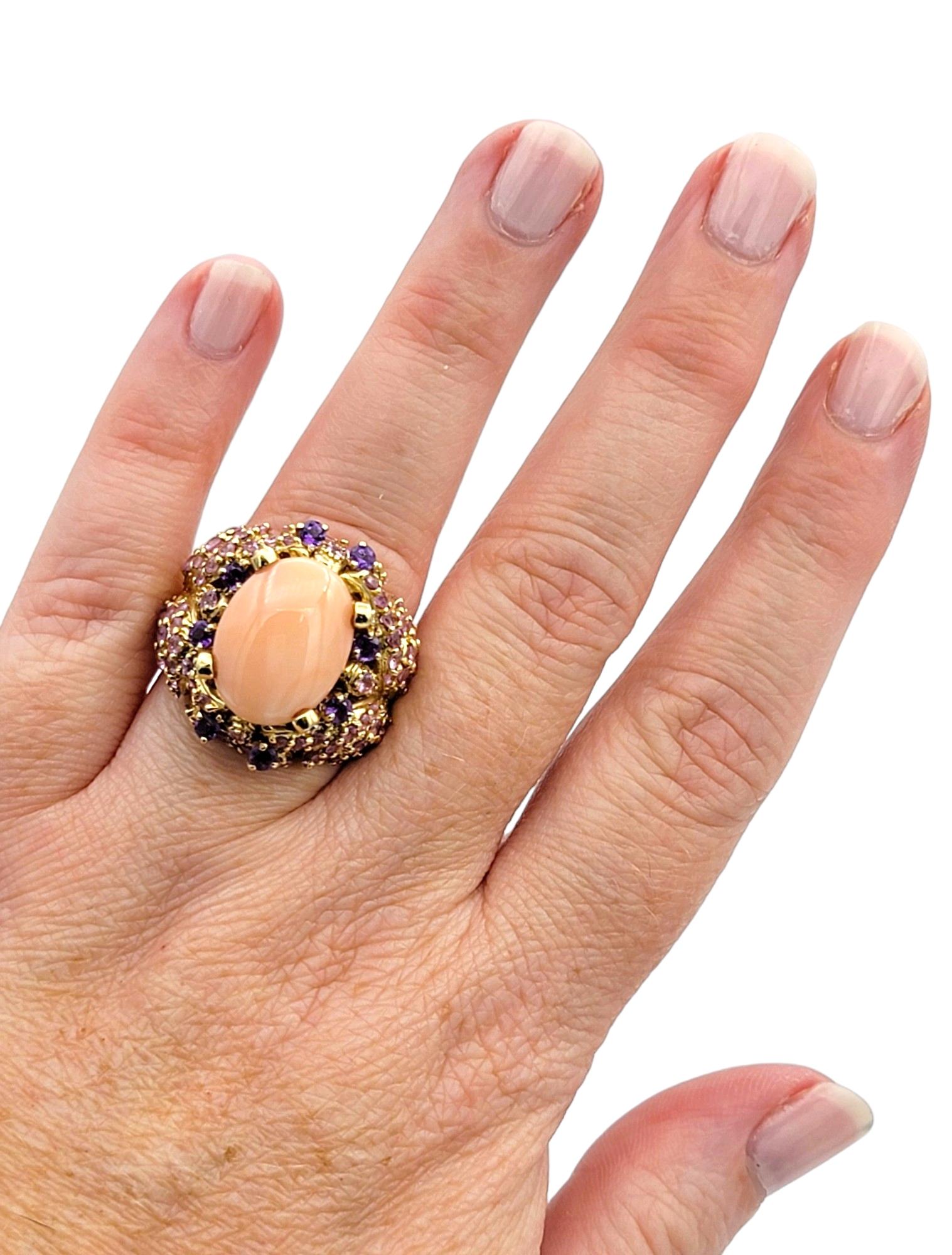Oval Cabochon Coral, Pink and Purple Sapphire and Diamond Cocktail Ring 14K Gold For Sale 3