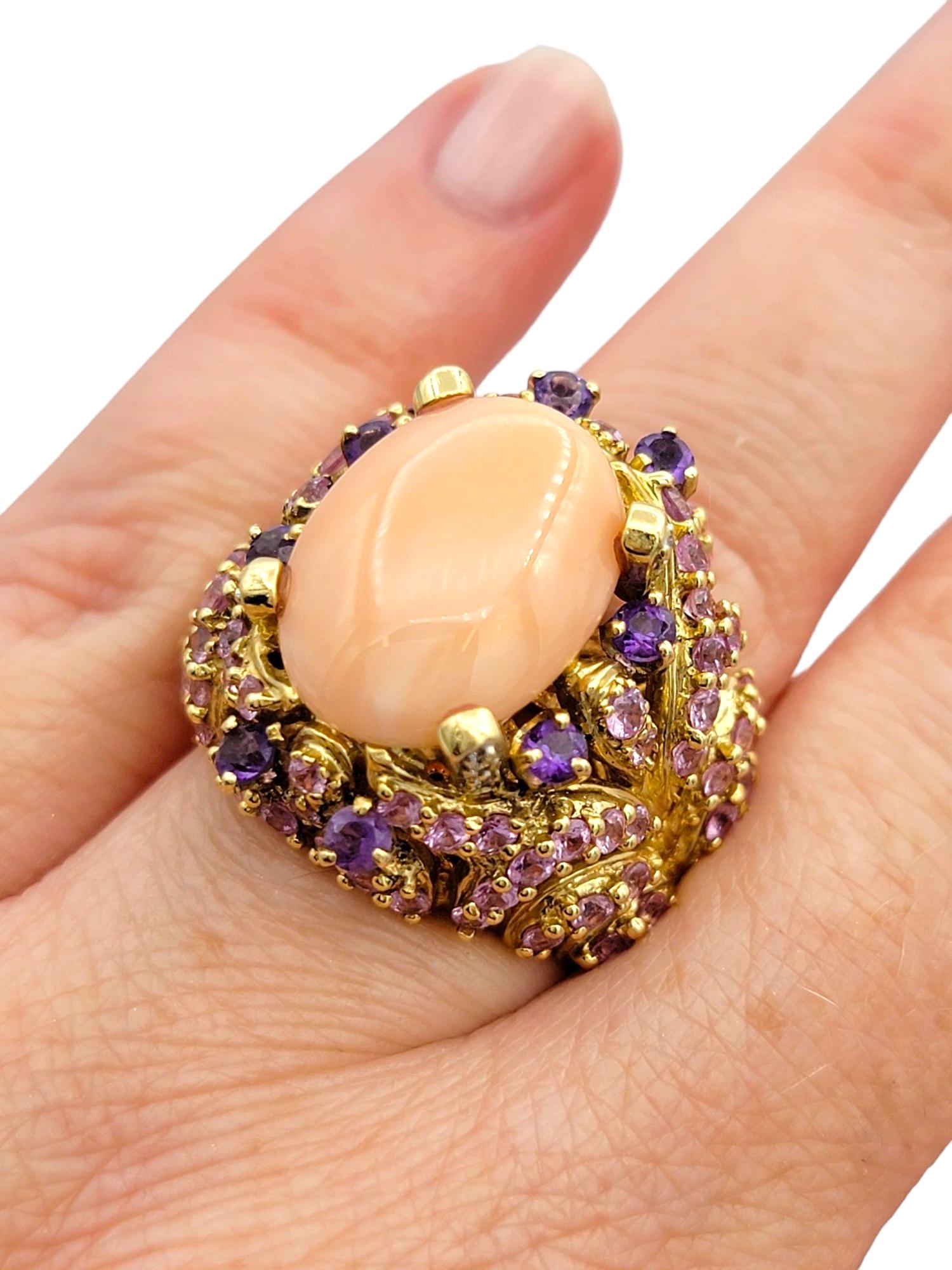 Oval Cabochon Coral, Pink and Purple Sapphire and Diamond Cocktail Ring 14K Gold For Sale 4