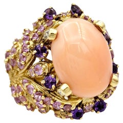Oval Cabochon Coral, Pink and Purple Sapphire and Diamond Cocktail Ring 14K Gold