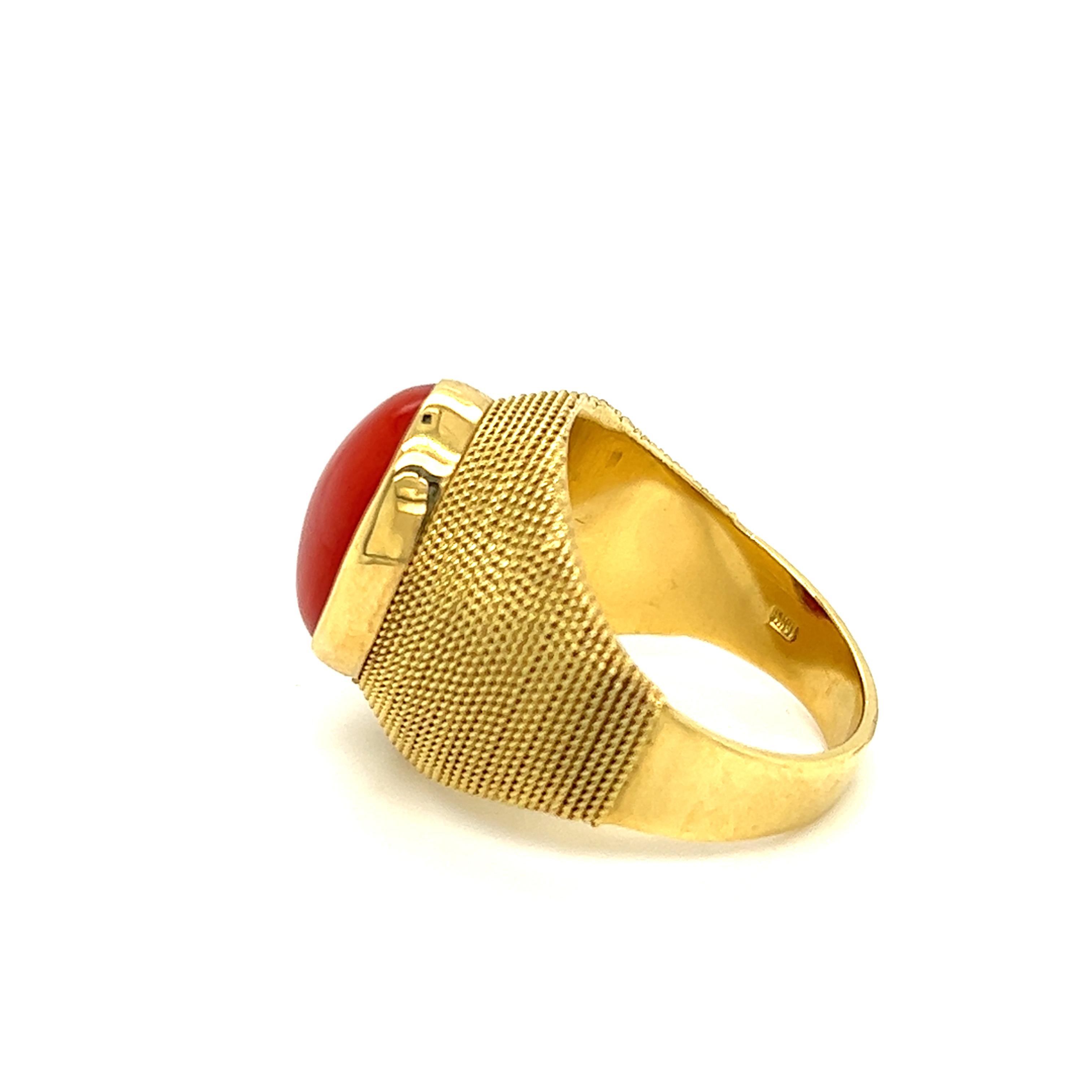 Oval Cut Oval Cabochon Coral Rope Ring in 18K Yellow Gold