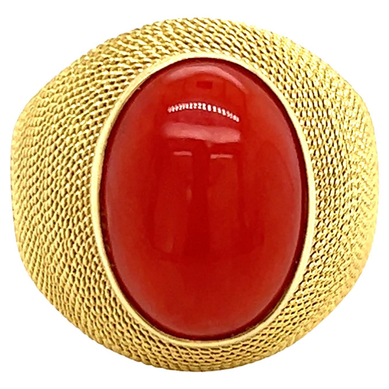 Oval Cabochon Coral Rope Ring in 18K Yellow Gold