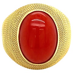 Oval Cabochon Coral Rope Ring in 18K Yellow Gold