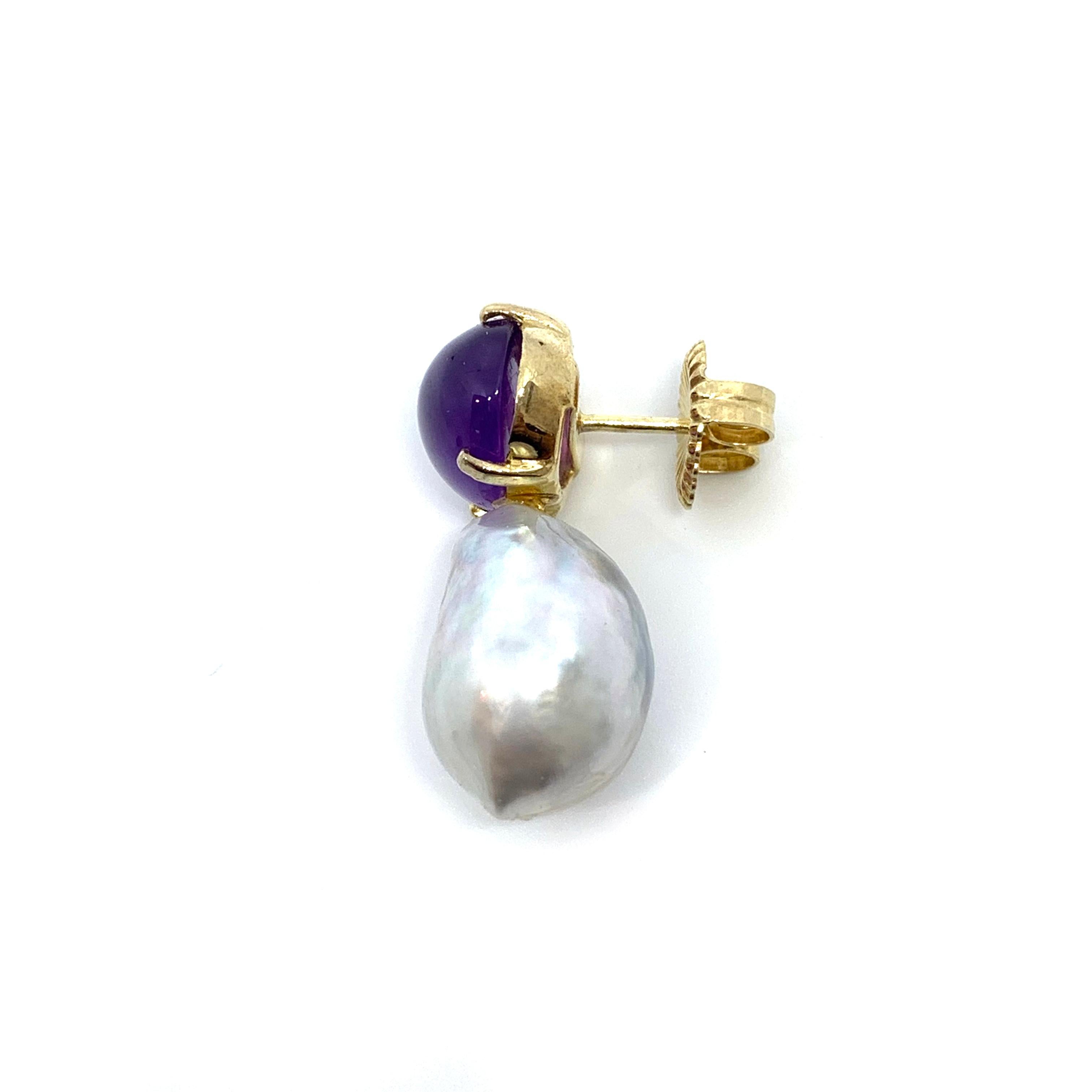 Oval Cabochon-cut Amethyst and Australian South Sea Baroque Pearl Drop Earrings In New Condition In Los Angeles, CA