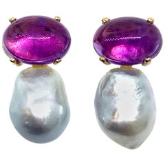 Oval Cabochon-cut Amethyst and Australian South Sea Baroque Pearl Drop Earrings