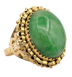 Oval Cabochon Cut Burmese Jade Solitaire Cocktail Ring in 18 Karat Yellow Gold