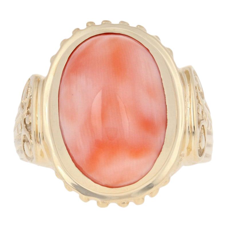 Oval Cabochon Cut Coral Ring, 14 Karat Yellow Gold Cocktail Solitaire