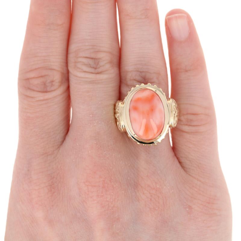 Oval Cut Oval Cabochon Cut Coral Ring, 14 Karat Yellow Gold Cocktail Solitaire