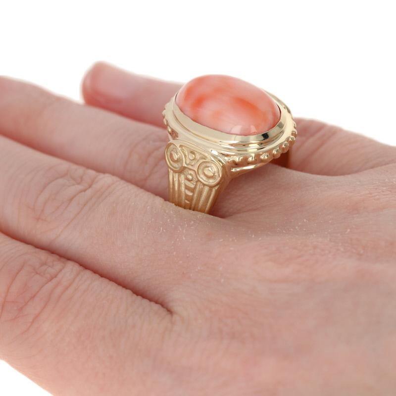 Oval Cabochon Cut Coral Ring, 14 Karat Yellow Gold Cocktail Solitaire In Excellent Condition In Greensboro, NC