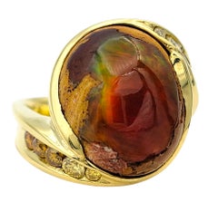 Oval Cabochon Cut Fire Opal and Diamond Ring in 18 Karat Yellow Gold
