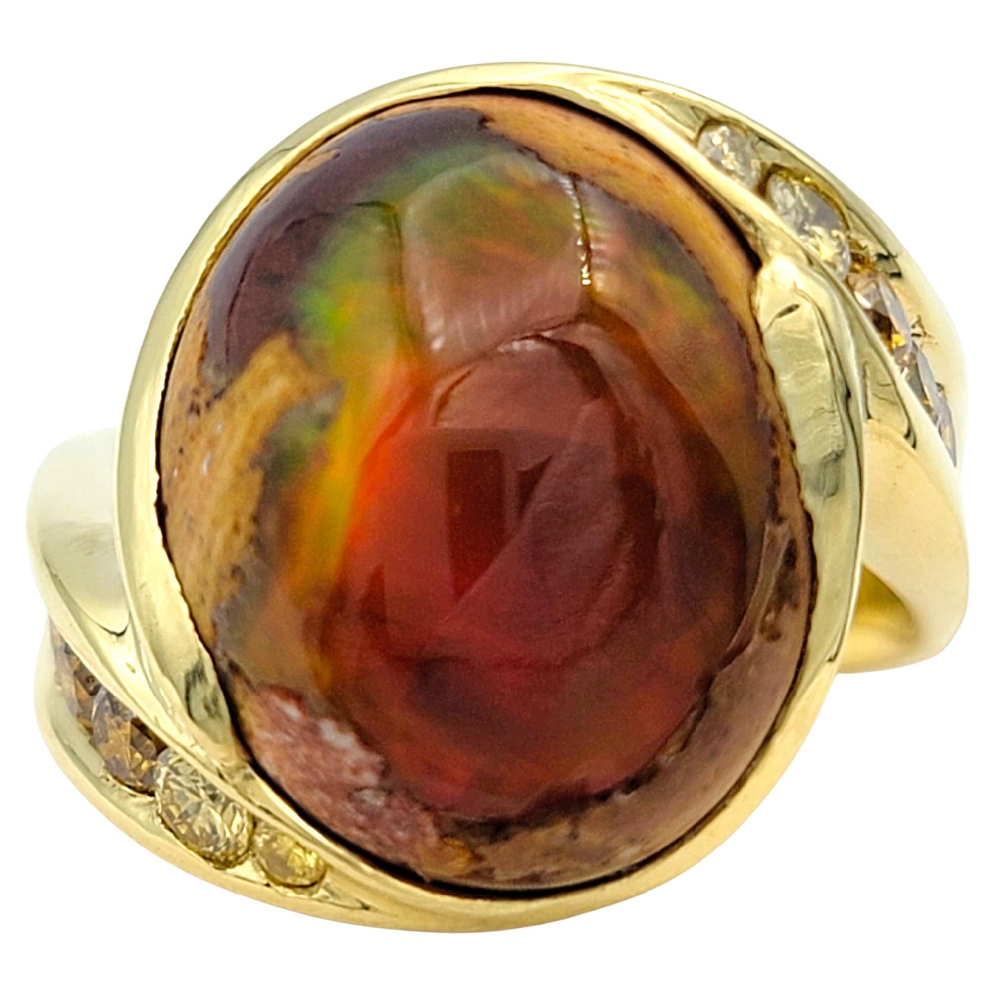 Oval Cabochon Cut Fire Opal and Diamond Ring in 18 Karat Yellow Gold For Sale