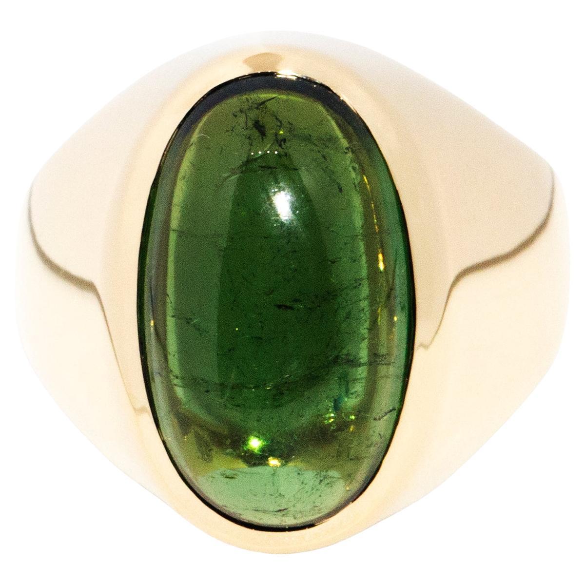 Anello di fidanzamento ovale con tormalina verde taglio cabochon contemporaneo in oro 18 carati