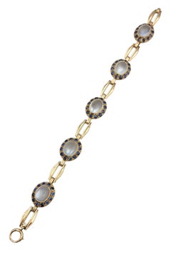 Oval Cabochon Cut Moonstone and Blue Sapphire Link Bracelet 14 Karat Rose Gold